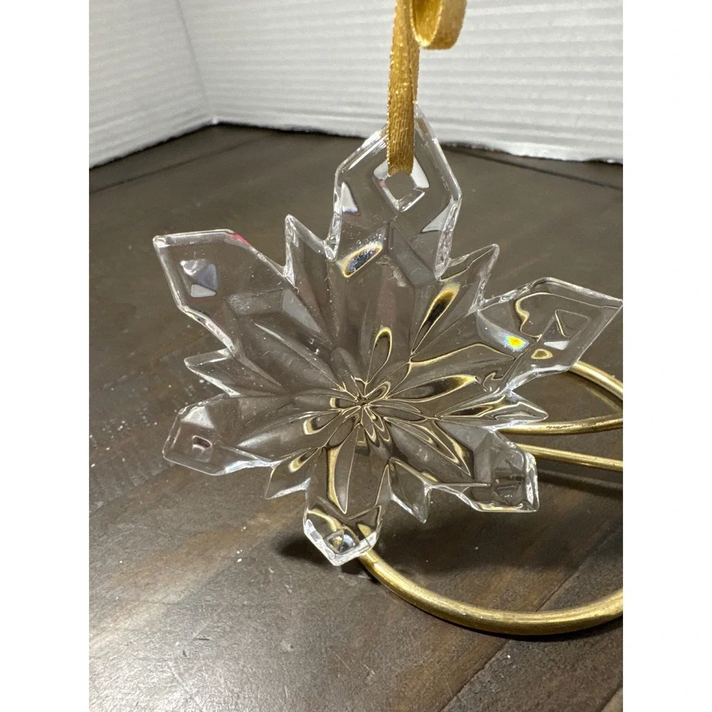 Clear Faceted Crystal Snowflake Christmas Ornament Gold Ribbon 3.25 Inch Holiday